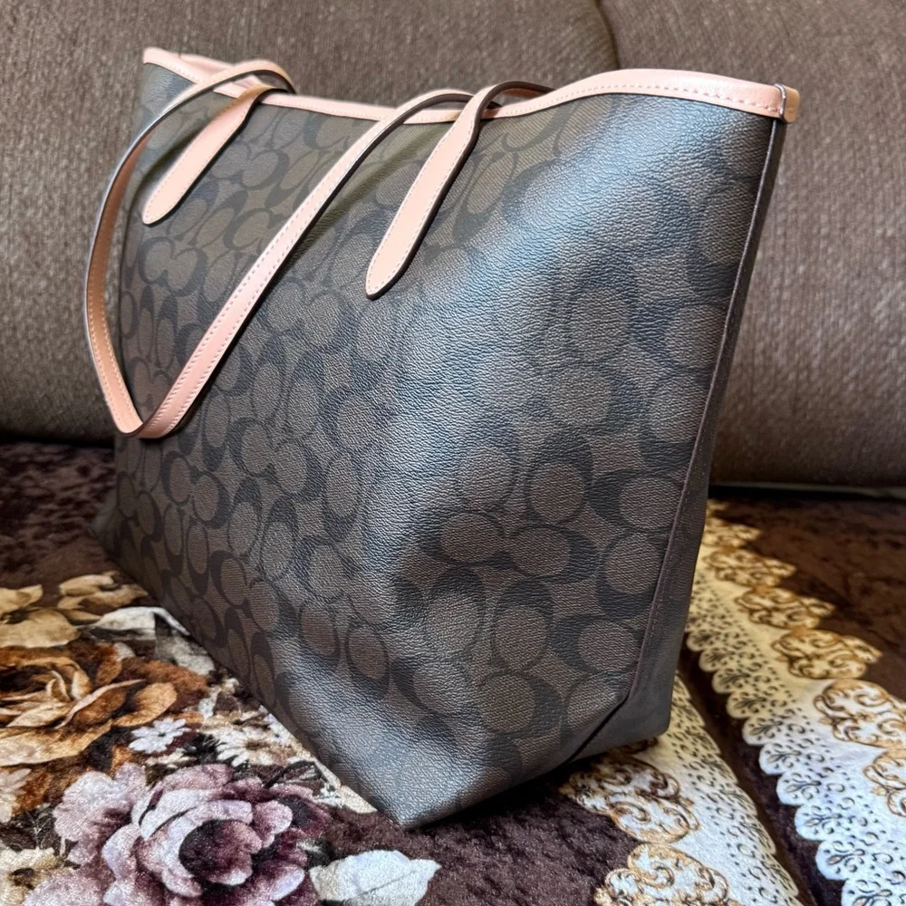 COACH Brown/Pink Signature Coated Canvas Gold-Tone Hardware City Tote Bag - Picture 9 of 12
